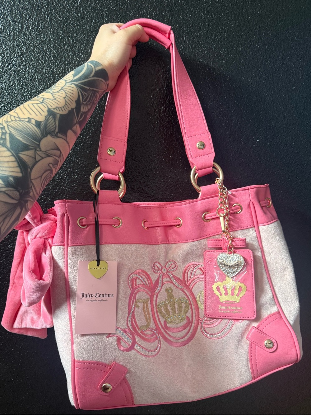 Juicy Couture Pink Embroidered Crown Charm Tote